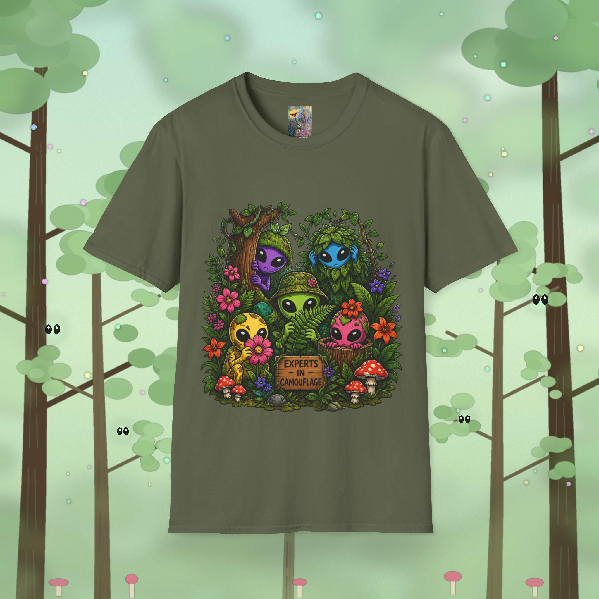 "Experts in Camouflage" Alien Friends T-Shirt — Cute Forest ETs Peeking Through Leaves