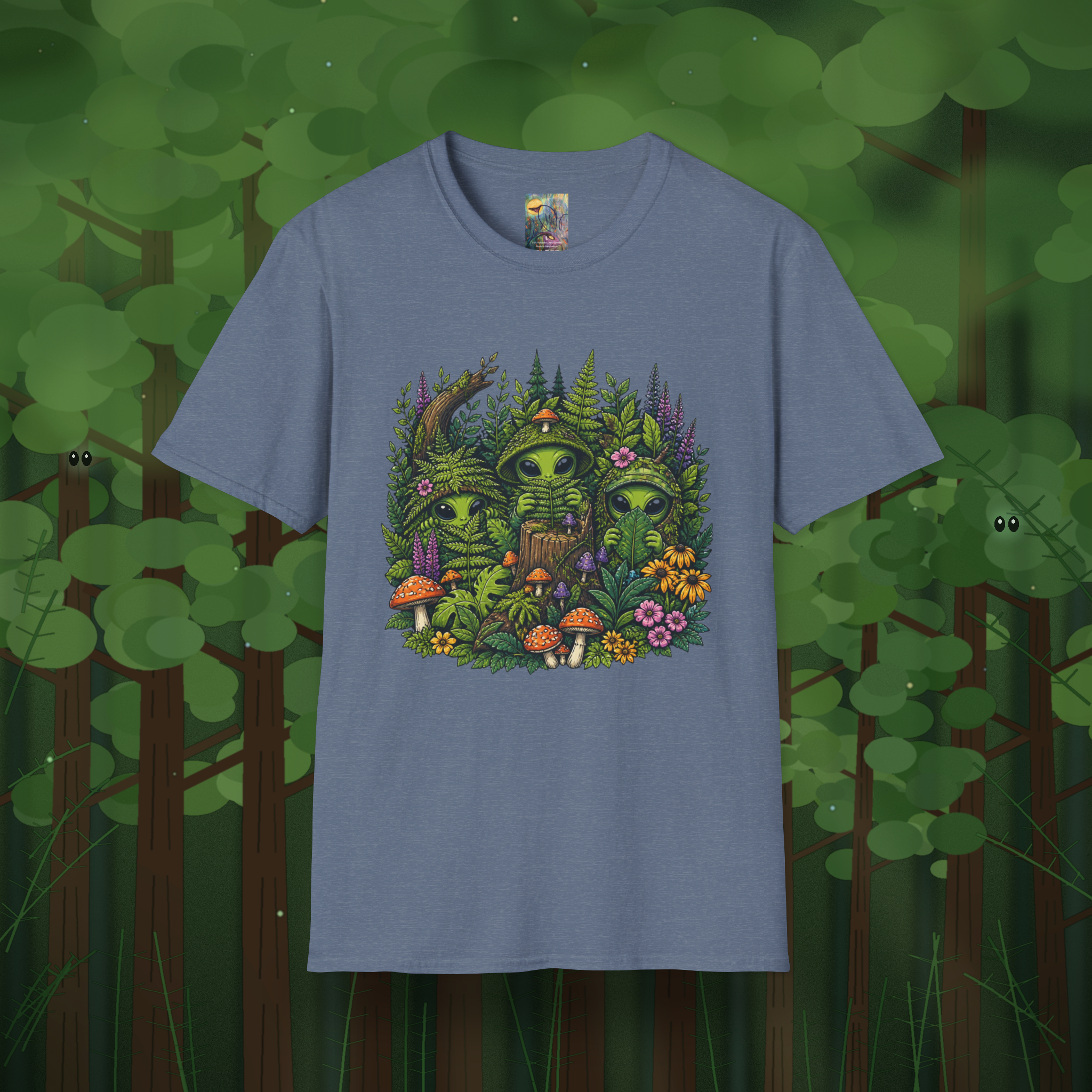 Alien Forest T-Shirt — Cute Green UFO Creatures with Mushrooms & Flowers