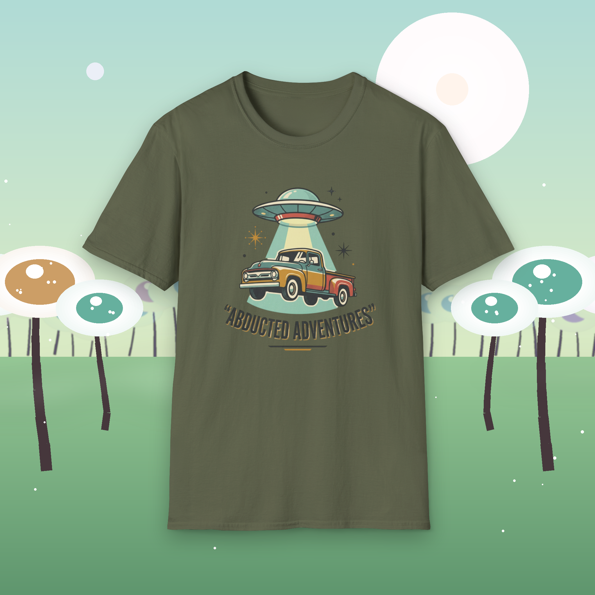 Abducted Adventures T-Shirt — Retro UFO Truck Graphic Tee