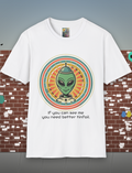 Alien Graphic T-Shirt — Retro Green Alien with Rainbow Halo ("If you can see me you need better tinfoil")