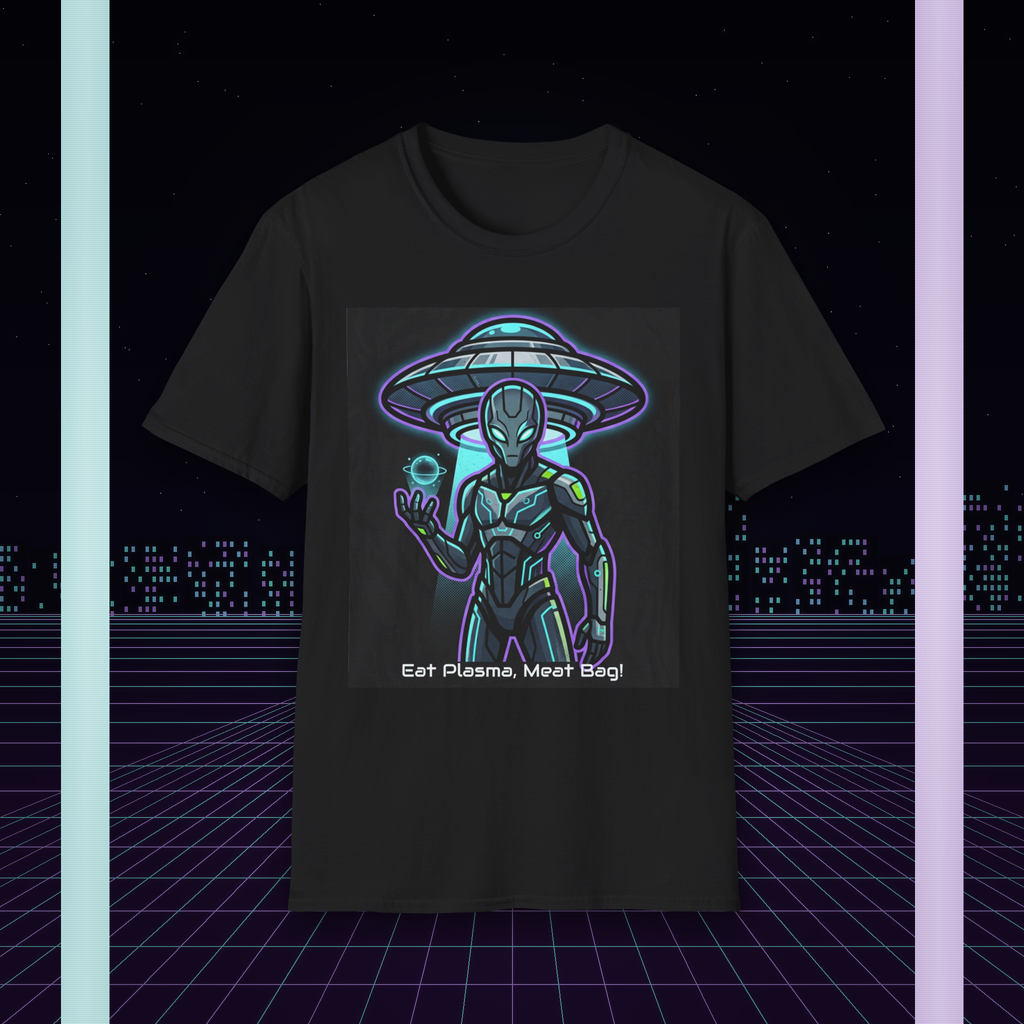 Alien UFO Graphic Tee — Neon Extraterrestrial Design ("Eat Plasma, Dirt Bag")