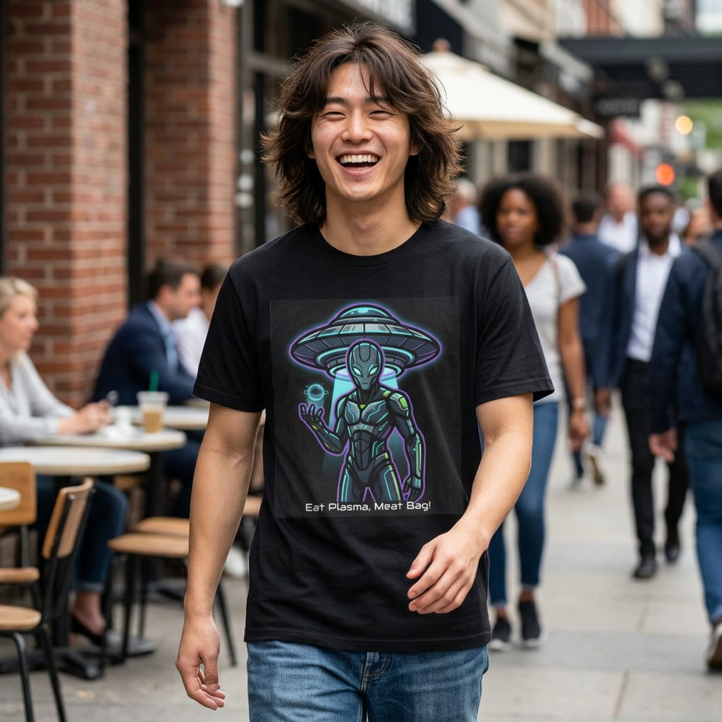 Alien UFO Graphic Tee — Neon Extraterrestrial Design ("Eat Plasma, Dirt Bag")