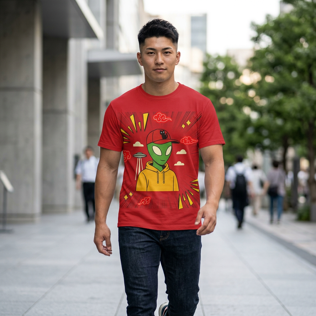 Alien Graphic T-Shirt — Streetwear Anime  Alien in Hoodie & Cap Design