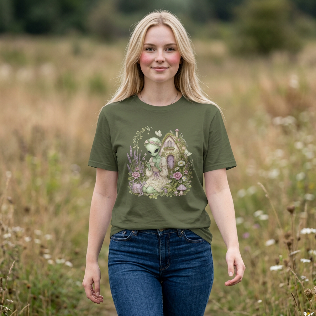 Alien Cottage Tee — Whimsical Floral Alien Garden T-Shirt