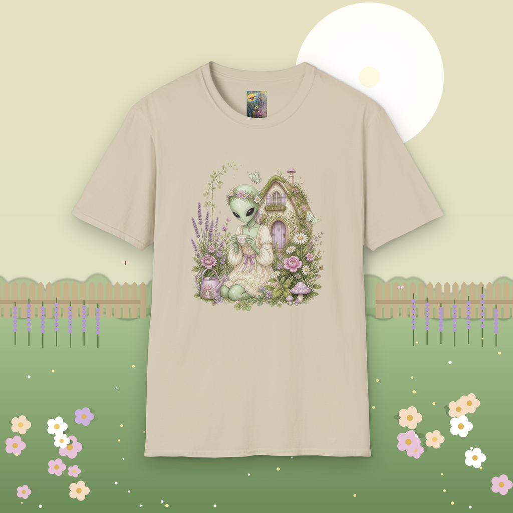 Alien Cottage Tee — Whimsical Floral Alien Garden T-Shirt
