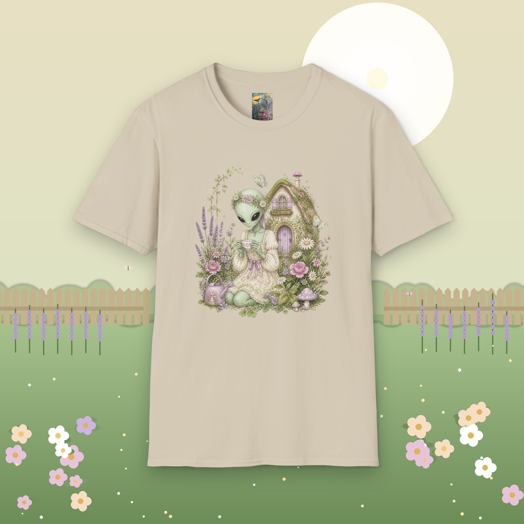 Alien Cottage Tee — Whimsical Floral Alien Garden T-Shirt