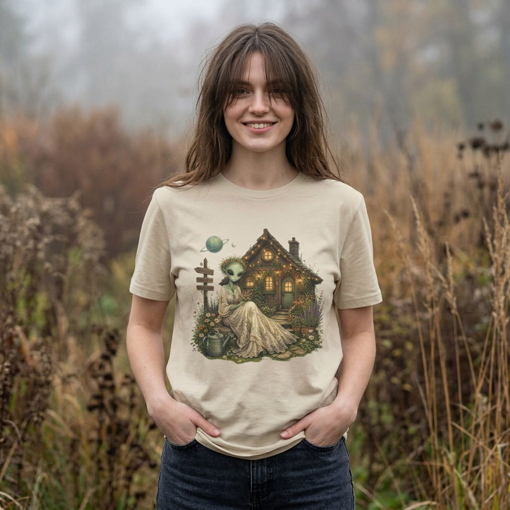 Alien Cottage T-Shirt — Whimsical Extraterrestrial Home Graphic