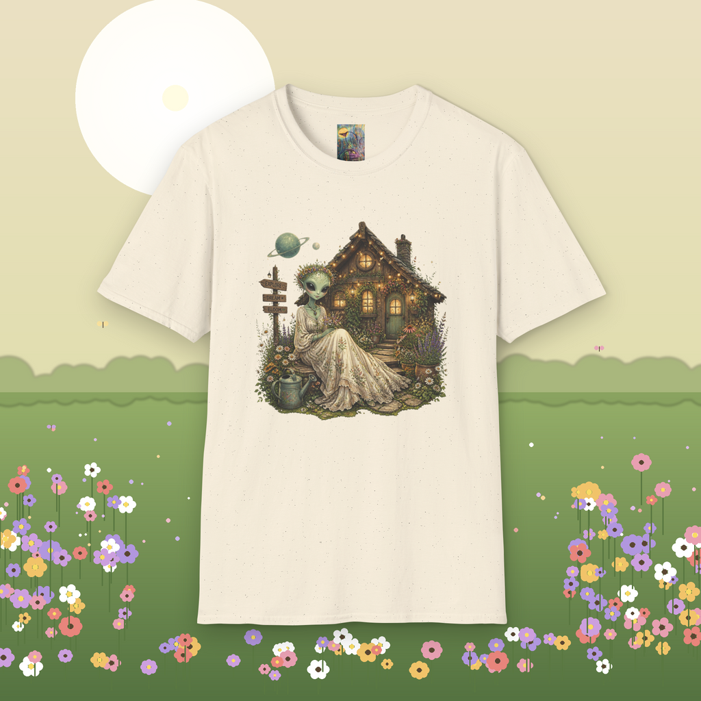 Alien Cottage T-Shirt — Whimsical Extraterrestrial Home Graphic