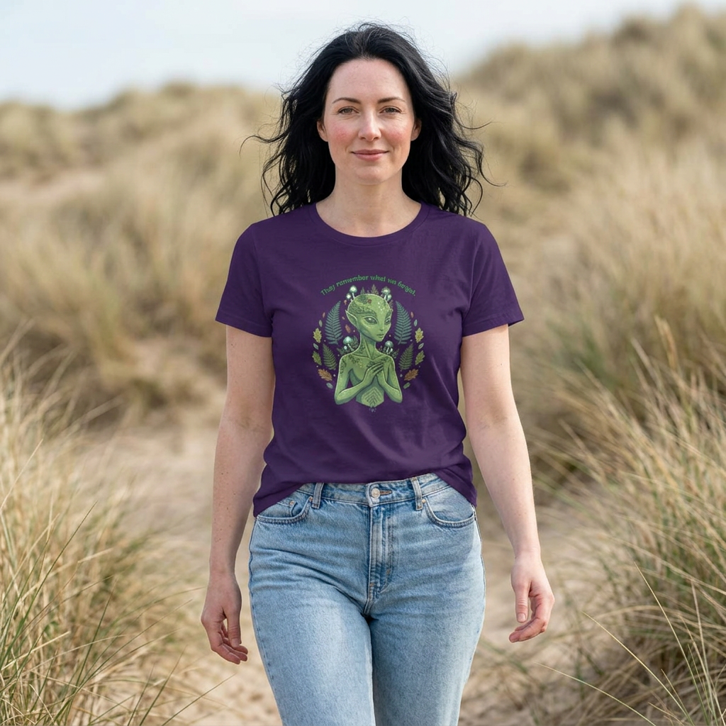 Alien Goddess Tee "They Remember What We Forget"— Women's Sci‑Fi Art Shirt