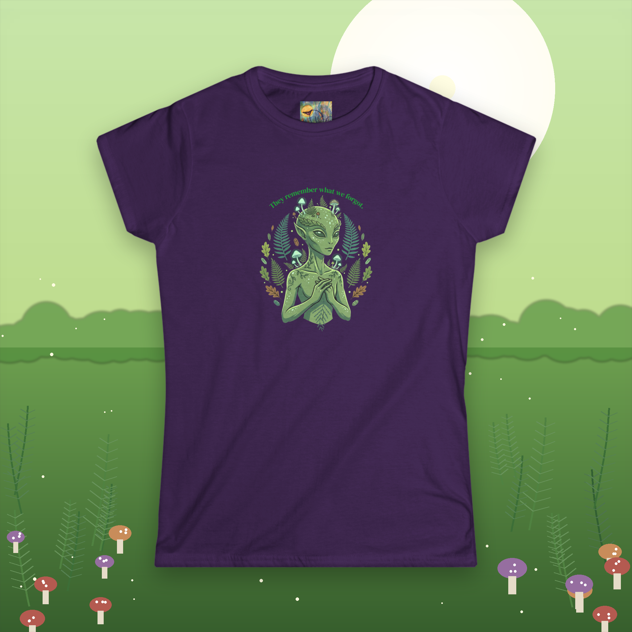 Alien Goddess Tee "They Remember What We Forget"— Women's Sci‑Fi Art Shirt