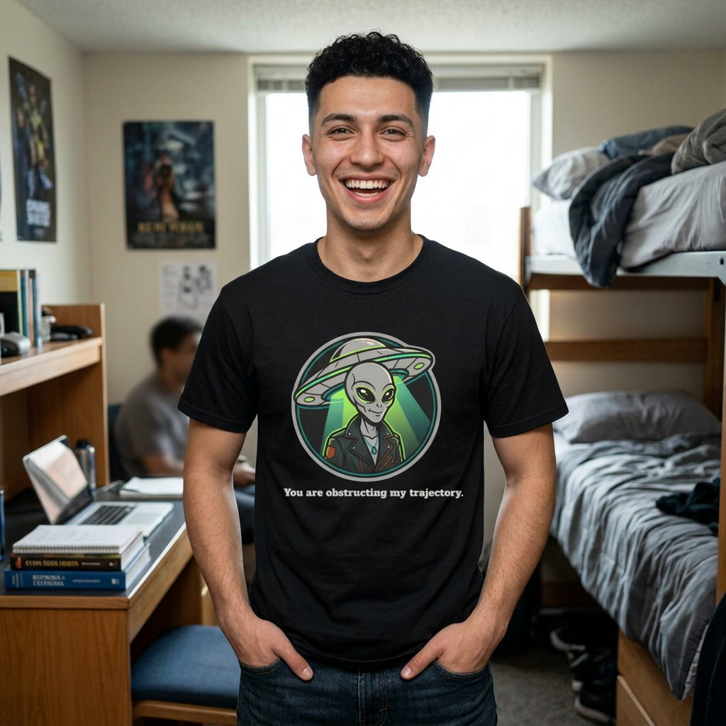 Alien UFO Graphic T-Shirt "You are blocking my trajectory" — Retro Green Extraterrestrial Design