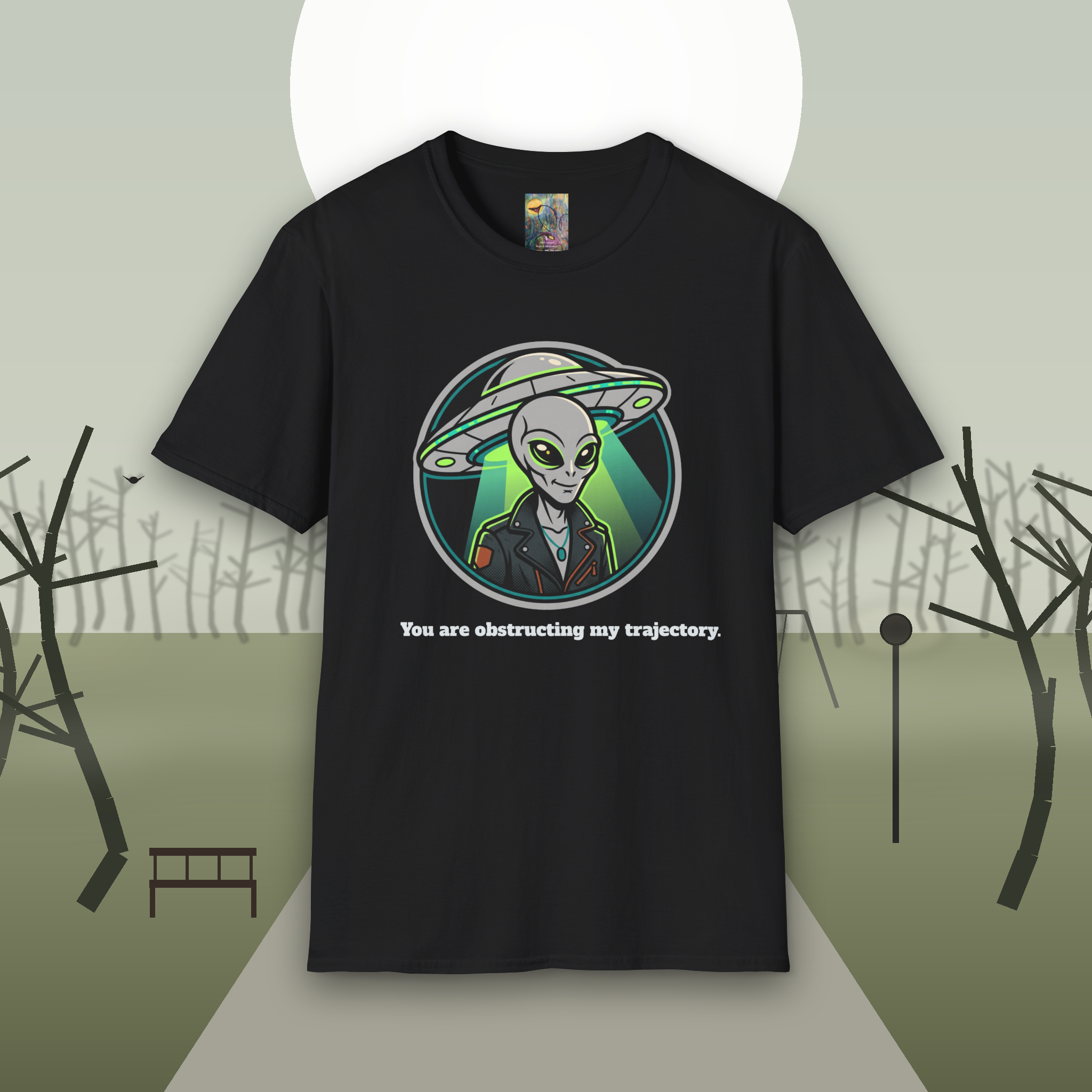 Alien UFO Graphic T-Shirt "You are blocking my trajectory" — Retro Green Extraterrestrial Design