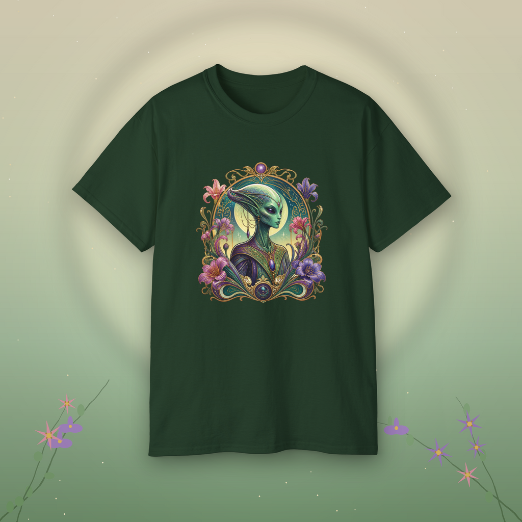 Alien Muse Floral T-Shirt — Vintage Art Nouveau Space Portrait Tee