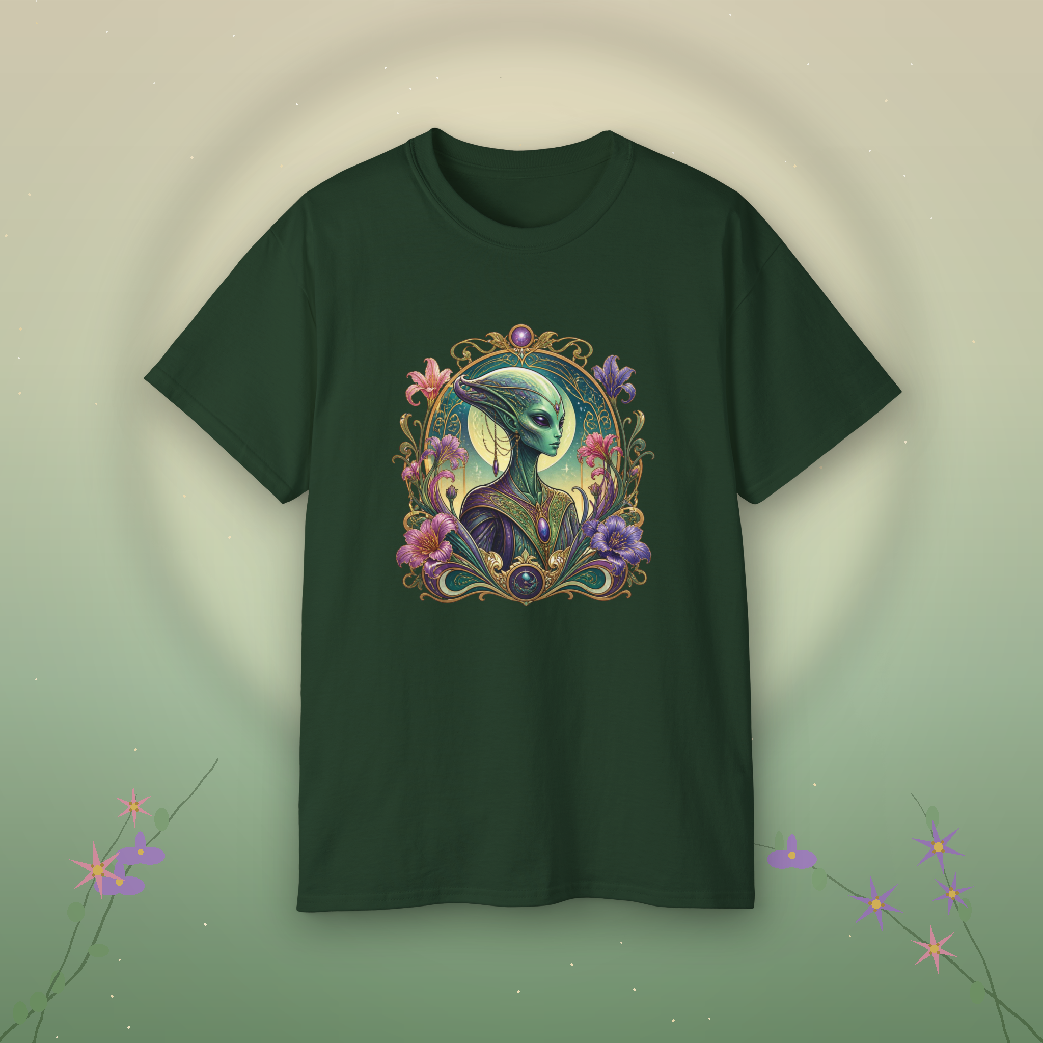 Alien Muse Floral T-Shirt — Vintage Art Nouveau Space Portrait Tee