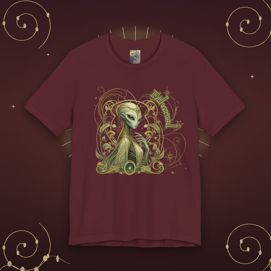 Alien Art Noveau Embrace T-Shirt — Mystical Green Alien Graphic Tee for Sci‑Fi Fans