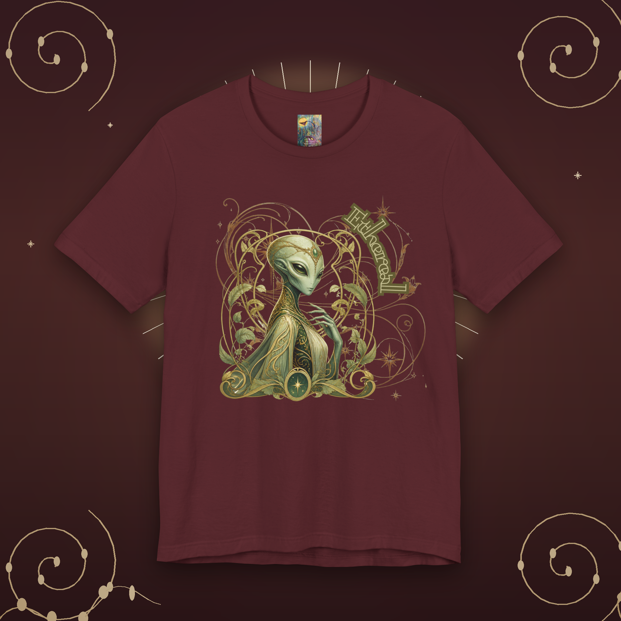 Alien Art Noveau Embrace T-Shirt — Mystical Green Alien Graphic Tee for Sci‑Fi Fans