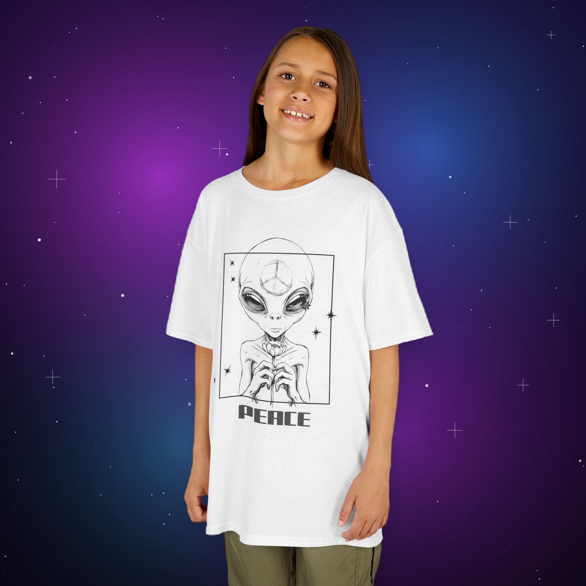 Kids T‑Shirt — Cute Alien Sketch "Peace" Graphic