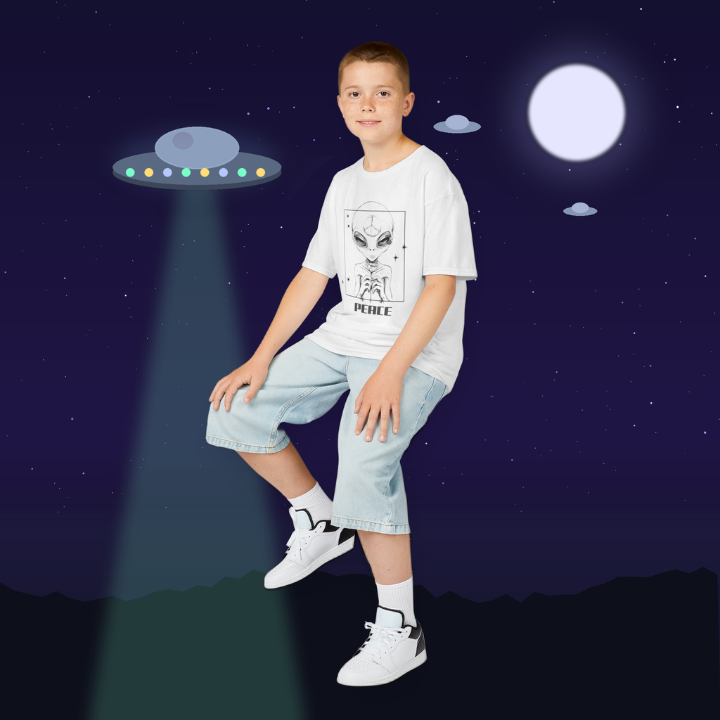 Kids T‑Shirt — Cute Alien Sketch "Peace" Graphic