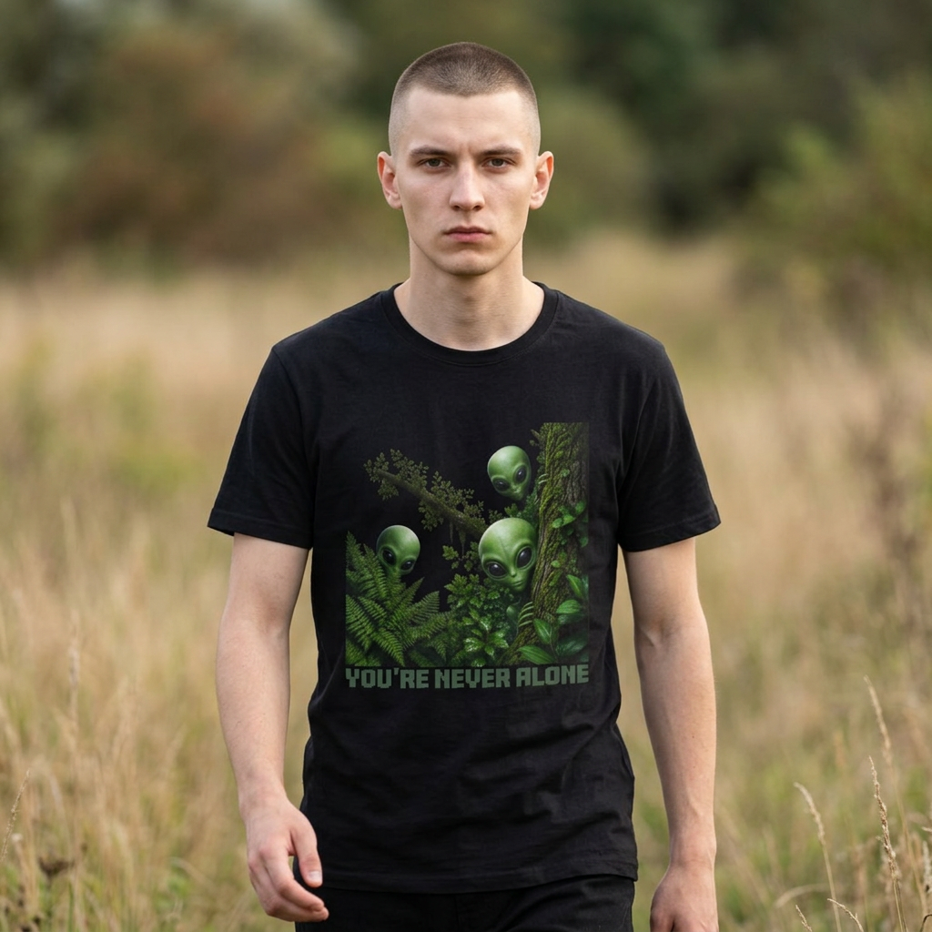 Alien Friends T‑Shirt — "You're Never Alone" Green Extraterrestrial Graphic Tee