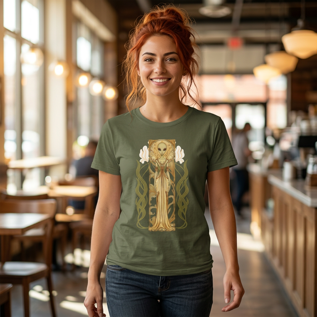 Alien Art Nouveau T-Shirt — 'Otherworldly Muse' Vintage-Style Extraterrestrial Tee