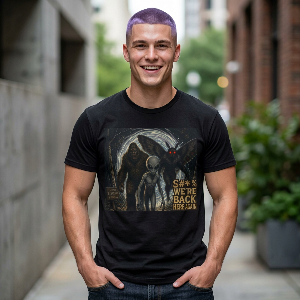 Creepy Cryptid Art T-Shirt :"S#*$ wer'e back here again" — Mothman & Alien Vintage Horror Design