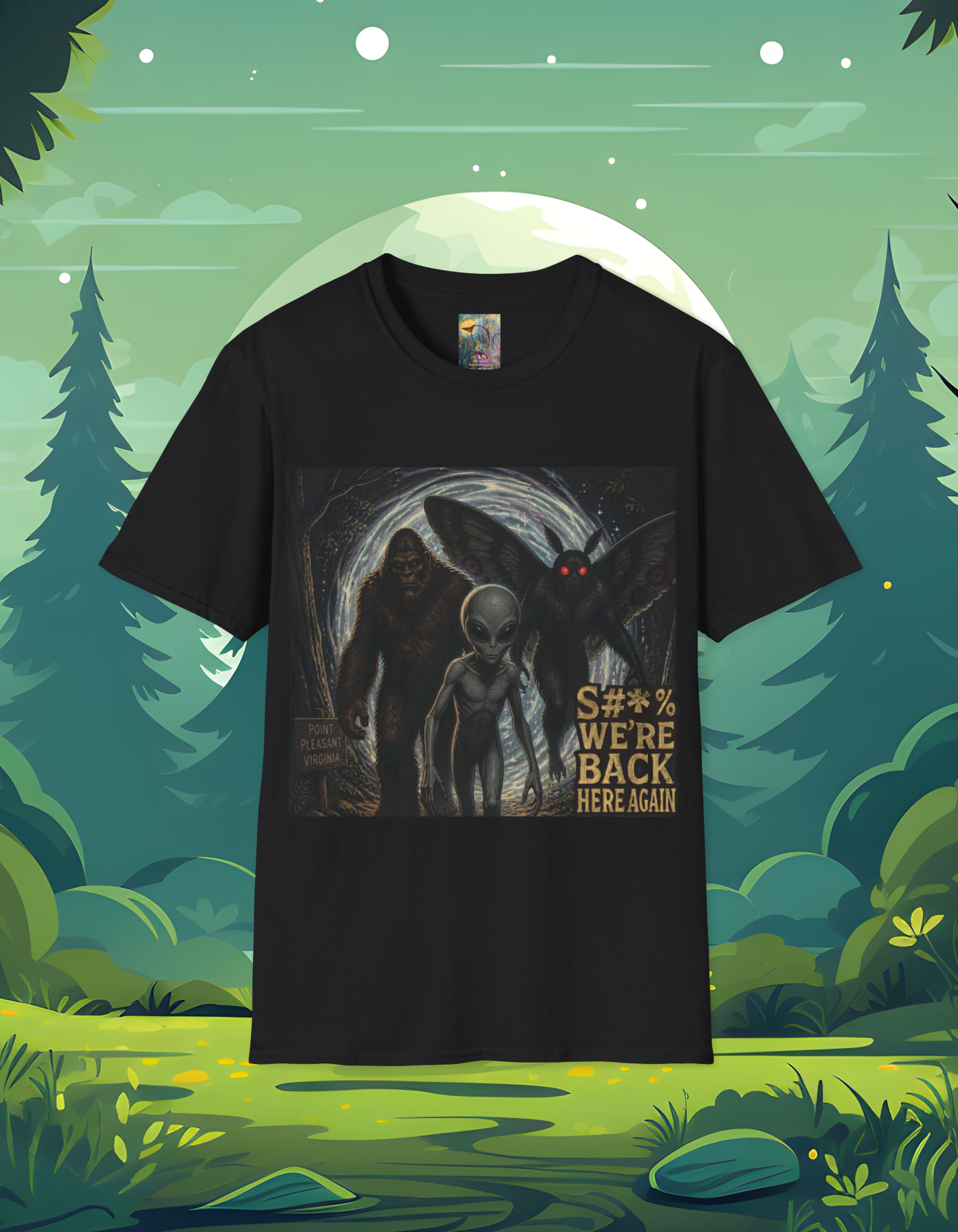 Creepy Cryptid Art T-Shirt :"S#*$ wer'e back here again" — Mothman & Alien Vintage Horror Design