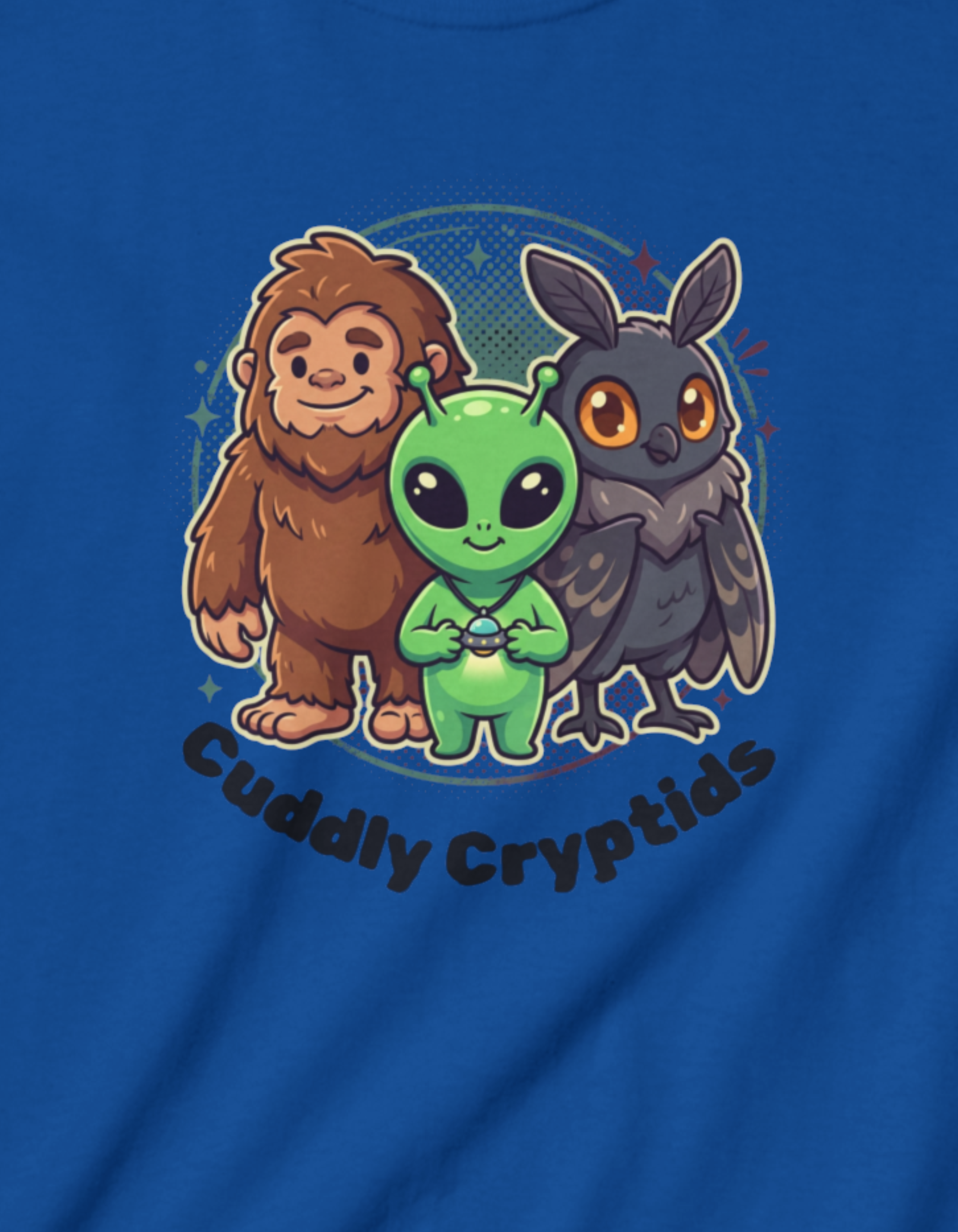 Kids Tee — "Cuddly Cryptids" Cute Bigfoot, Alien & Mothman Graphic