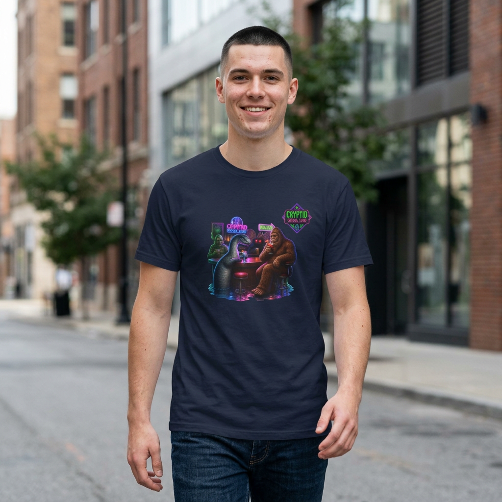 Cryptid Social Club T-Shirt — Neon Bigfoot, Loch Ness & Alien Design