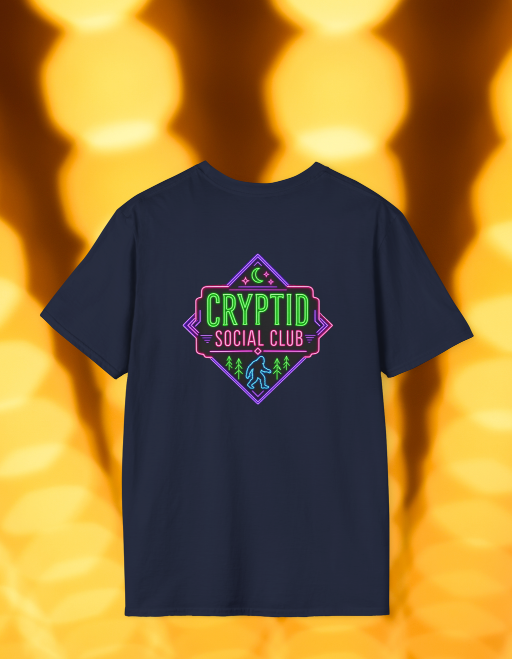Cryptid Social Club T-Shirt — Neon Bigfoot, Loch Ness & Alien Design