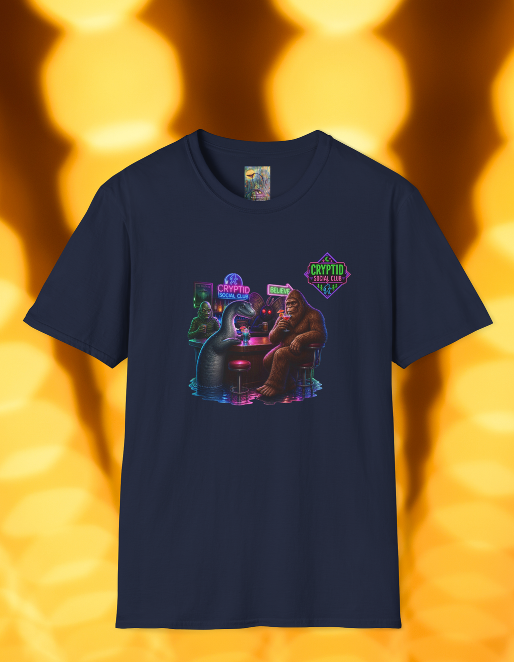 Cryptid Social Club T-Shirt — Neon Bigfoot, Loch Ness & Alien Design