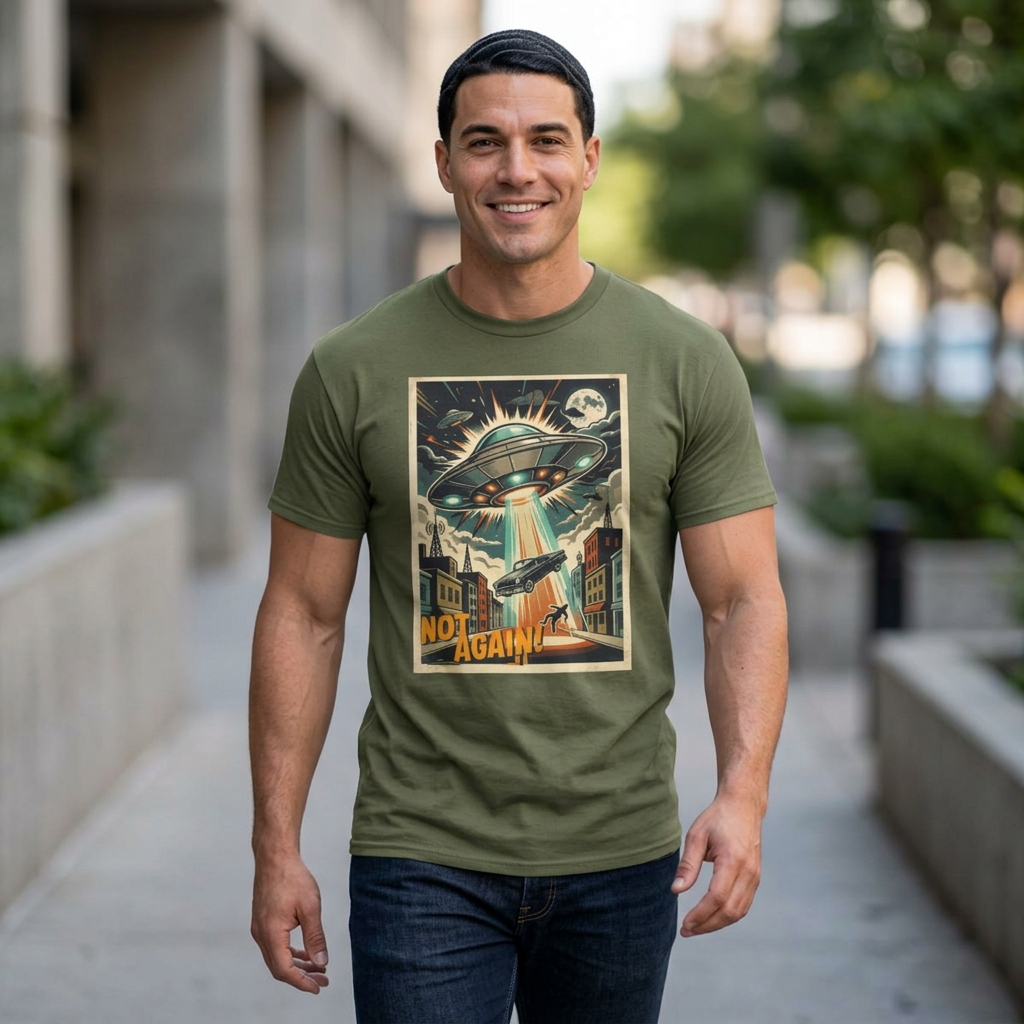Pop Sci-fi Alien Invasion T-Shirt — Vintage UFO 'Not Again!' Graphic Tee