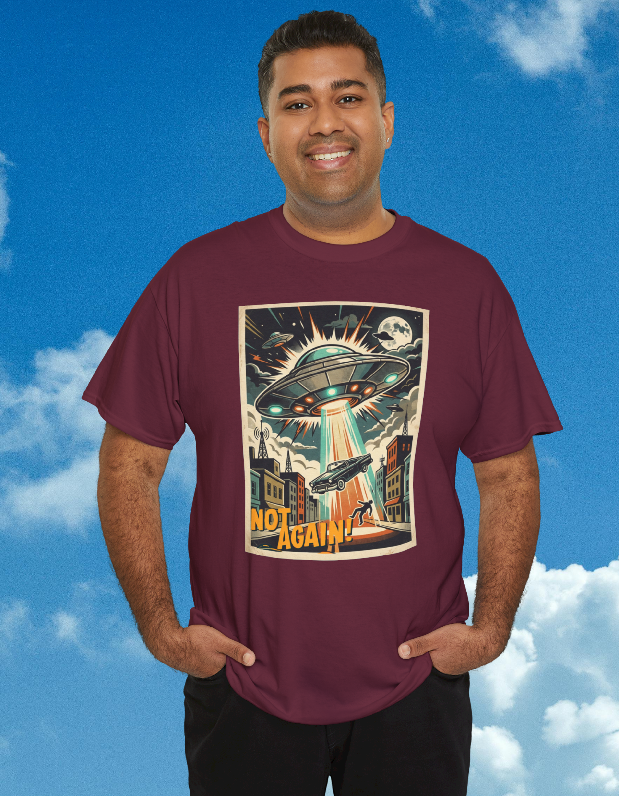 Pop Sci-fi Alien Invasion T-Shirt — Vintage UFO 'Not Again!' Graphic Tee