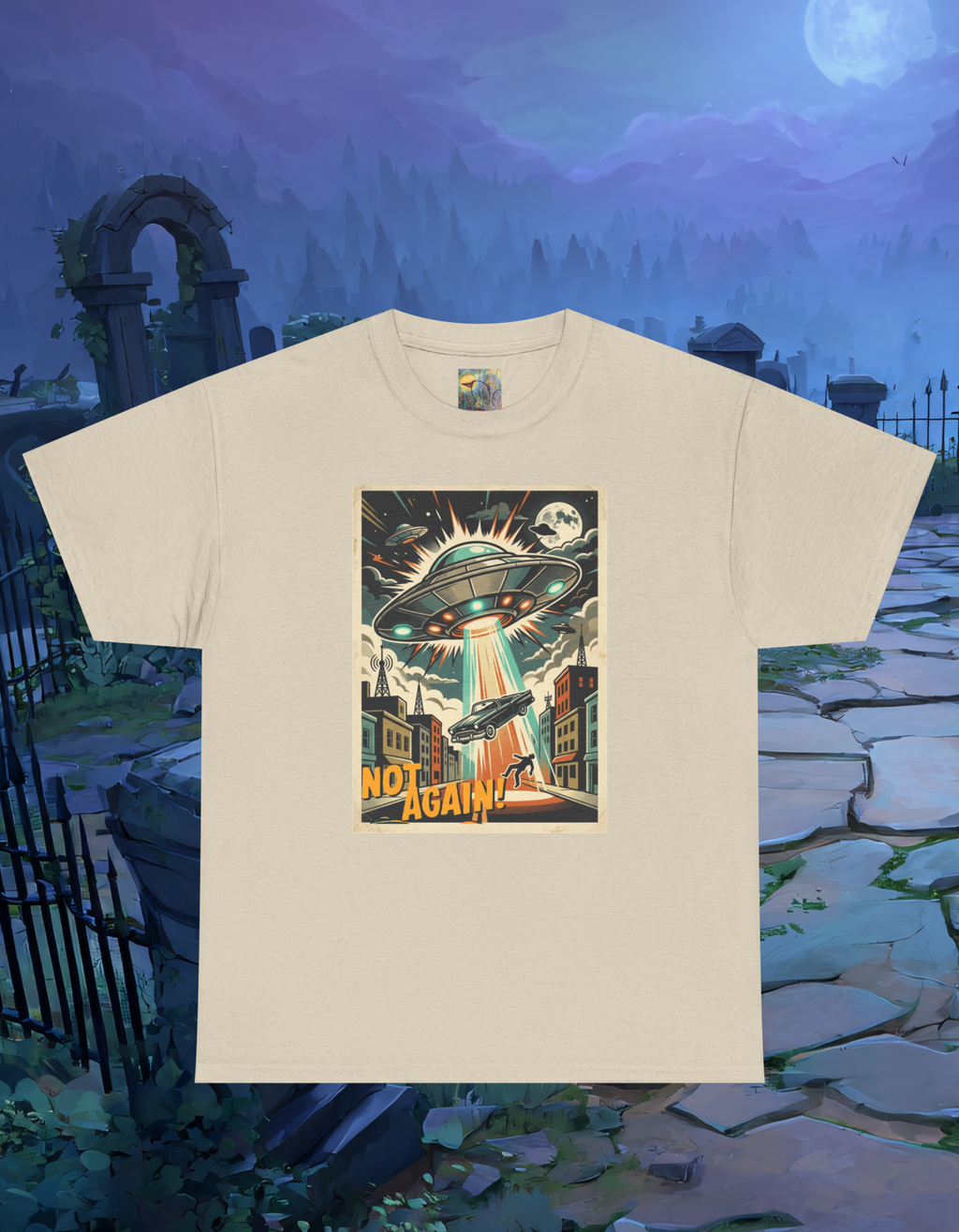 Pop Sci-fi Alien Invasion T-Shirt — Vintage UFO 'Not Again!' Graphic Tee