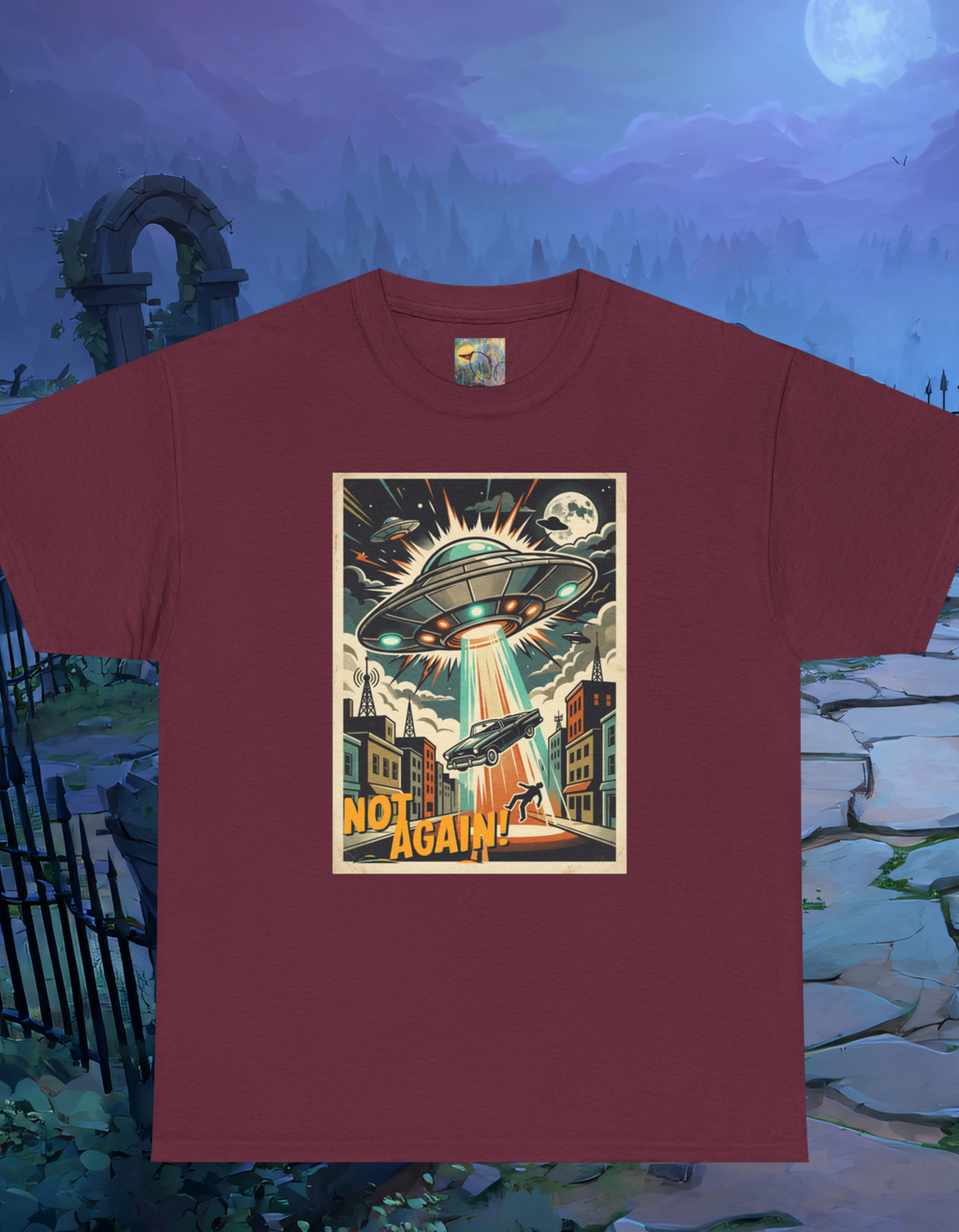 Pop Sci-fi Alien Invasion T-Shirt — Vintage UFO 'Not Again!' Graphic Tee