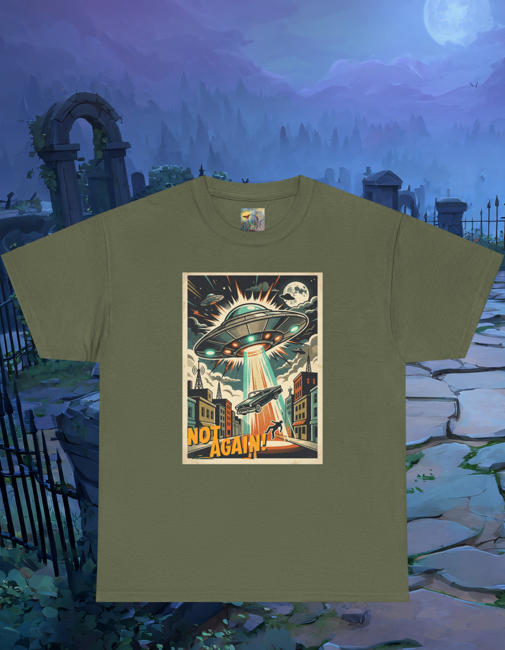 Pop Sci-fi Alien Invasion T-Shirt — Vintage UFO 'Not Again!' Graphic Tee