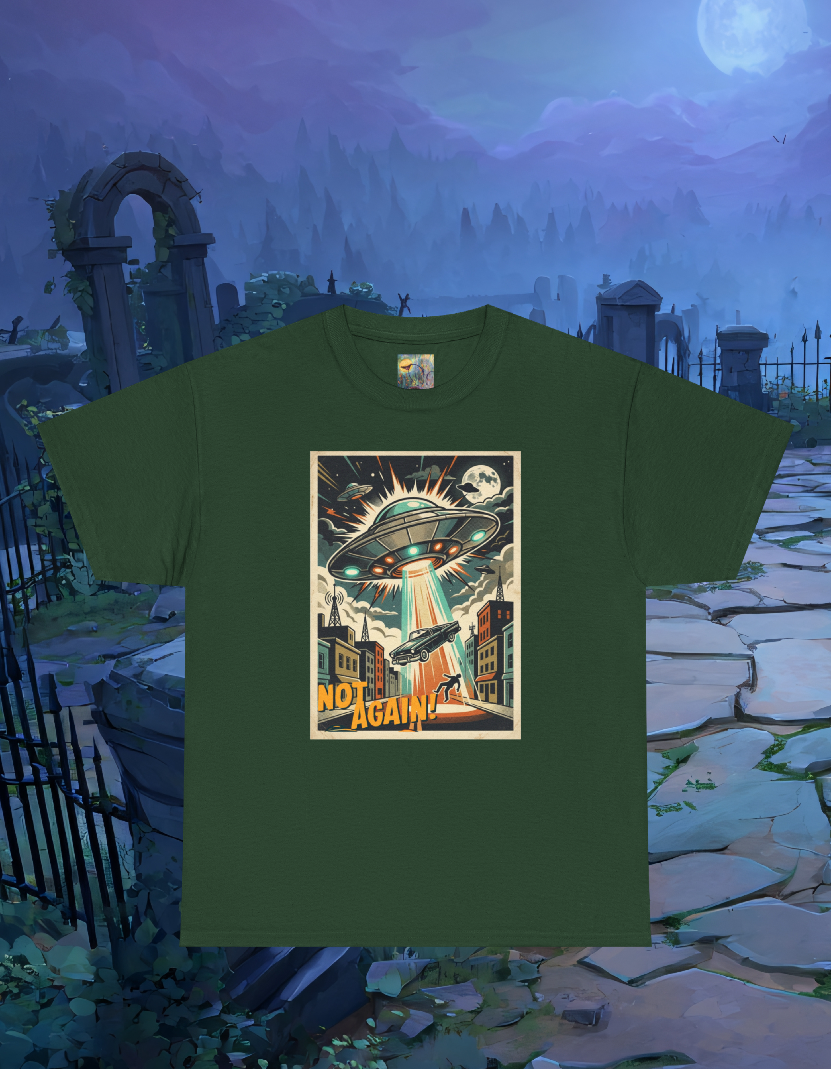 Pop Sci-fi Alien Invasion T-Shirt — Vintage UFO 'Not Again!' Graphic Tee