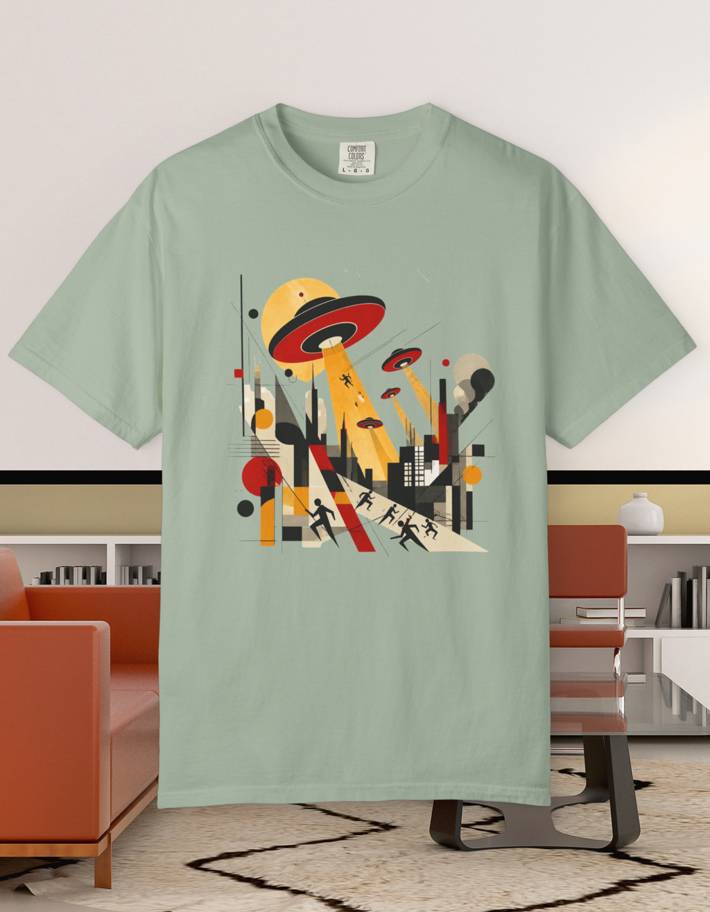 Alien Invasion Bauhaus Graphic T-Shirt — Retro Sci‑Fi Cityscape Design