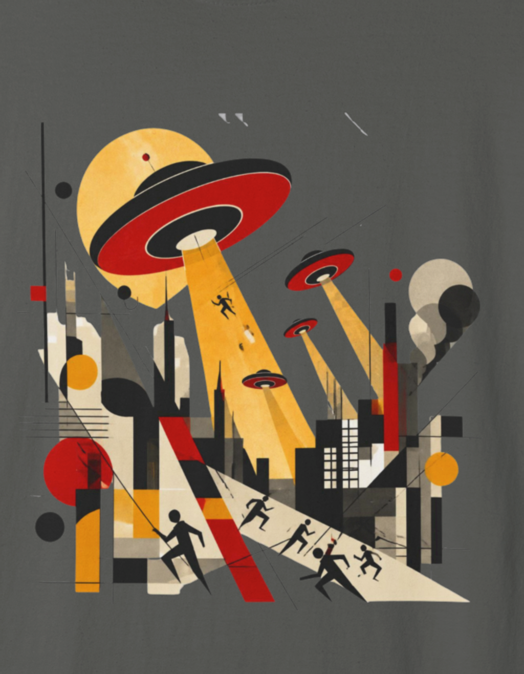 Alien Invasion Bauhaus Graphic T-Shirt — Retro Sci‑Fi Cityscape Design