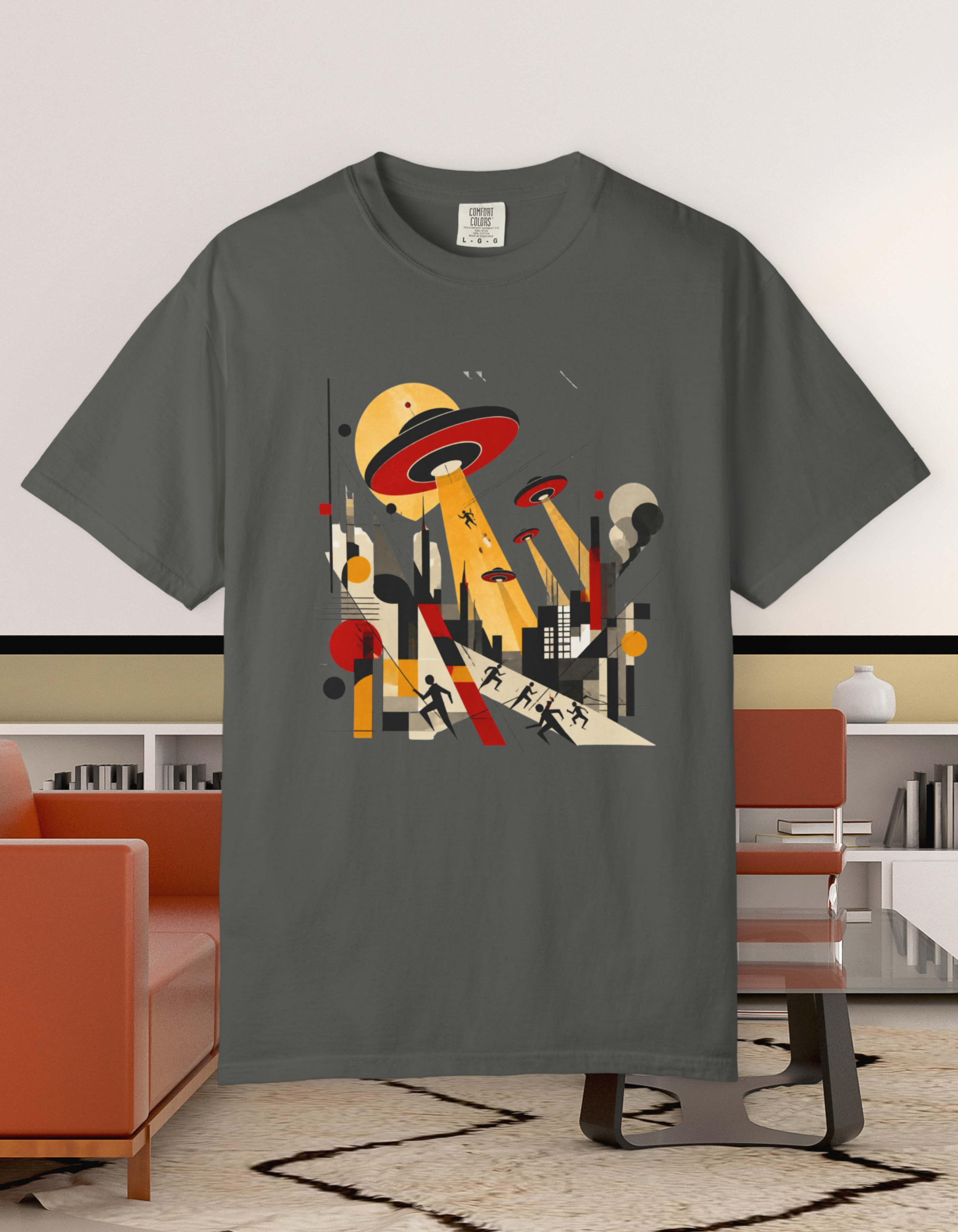 Alien Invasion Bauhaus Graphic T-Shirt — Retro Sci‑Fi Cityscape Design