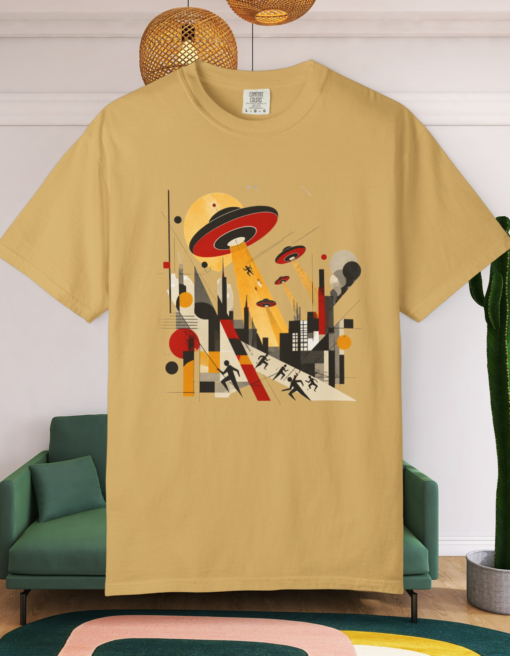 Alien Invasion Bauhaus Graphic T-Shirt — Retro Sci‑Fi Cityscape Design