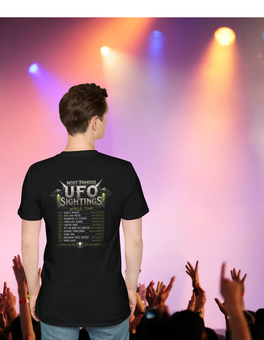 Black Metal Alien Abduction Graphic T-Shirt — Neon Green UFO Band Tee