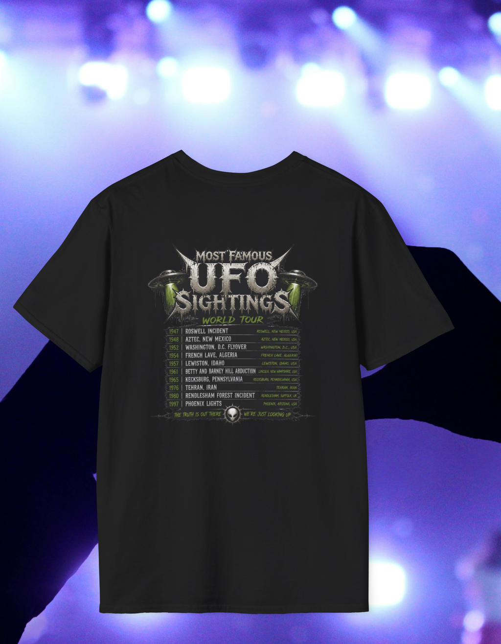 Black Metal Alien Abduction Graphic T-Shirt — Neon Green UFO Band Tee