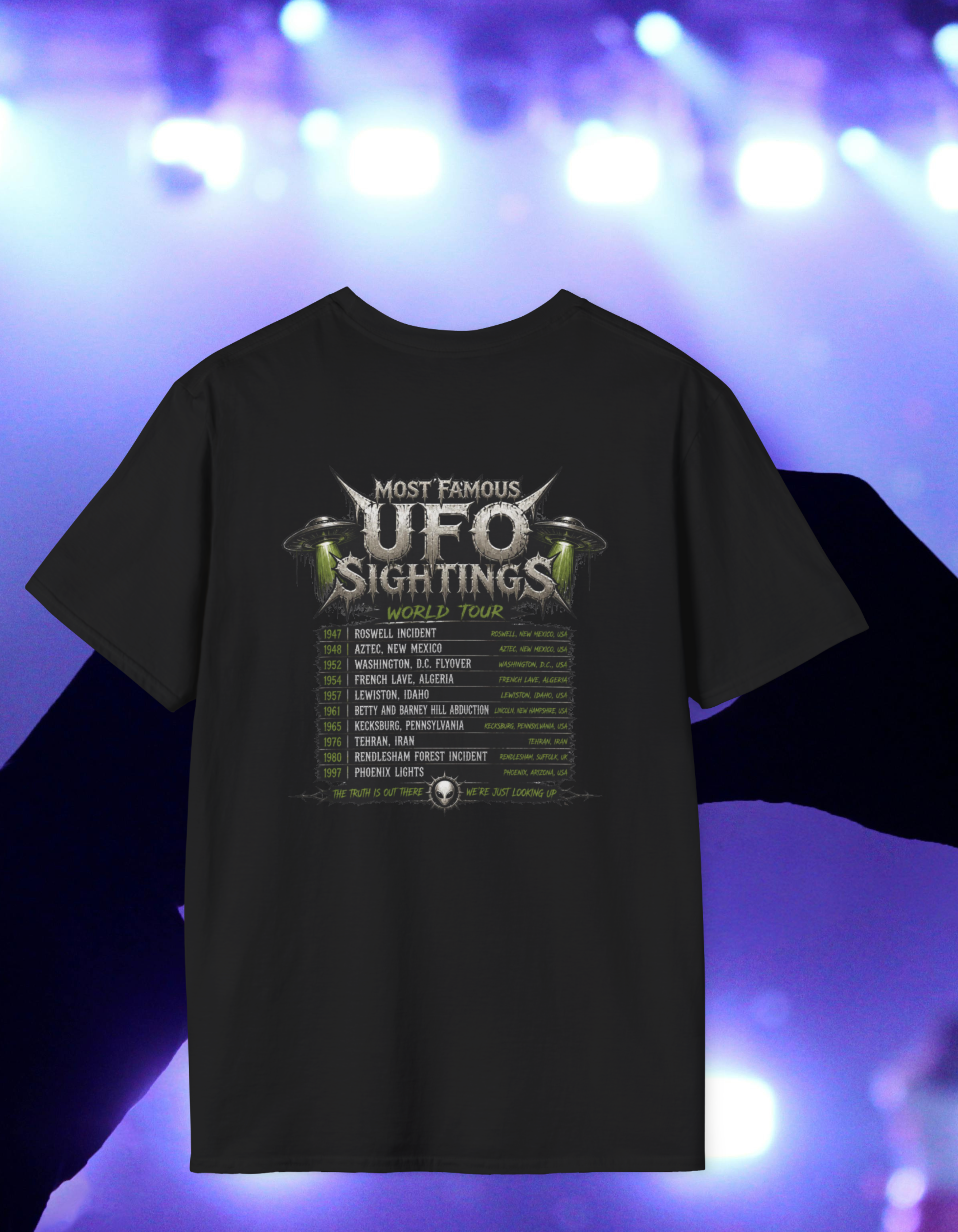 Black Metal Alien Abduction Graphic T-Shirt — Neon Green UFO Band Tee