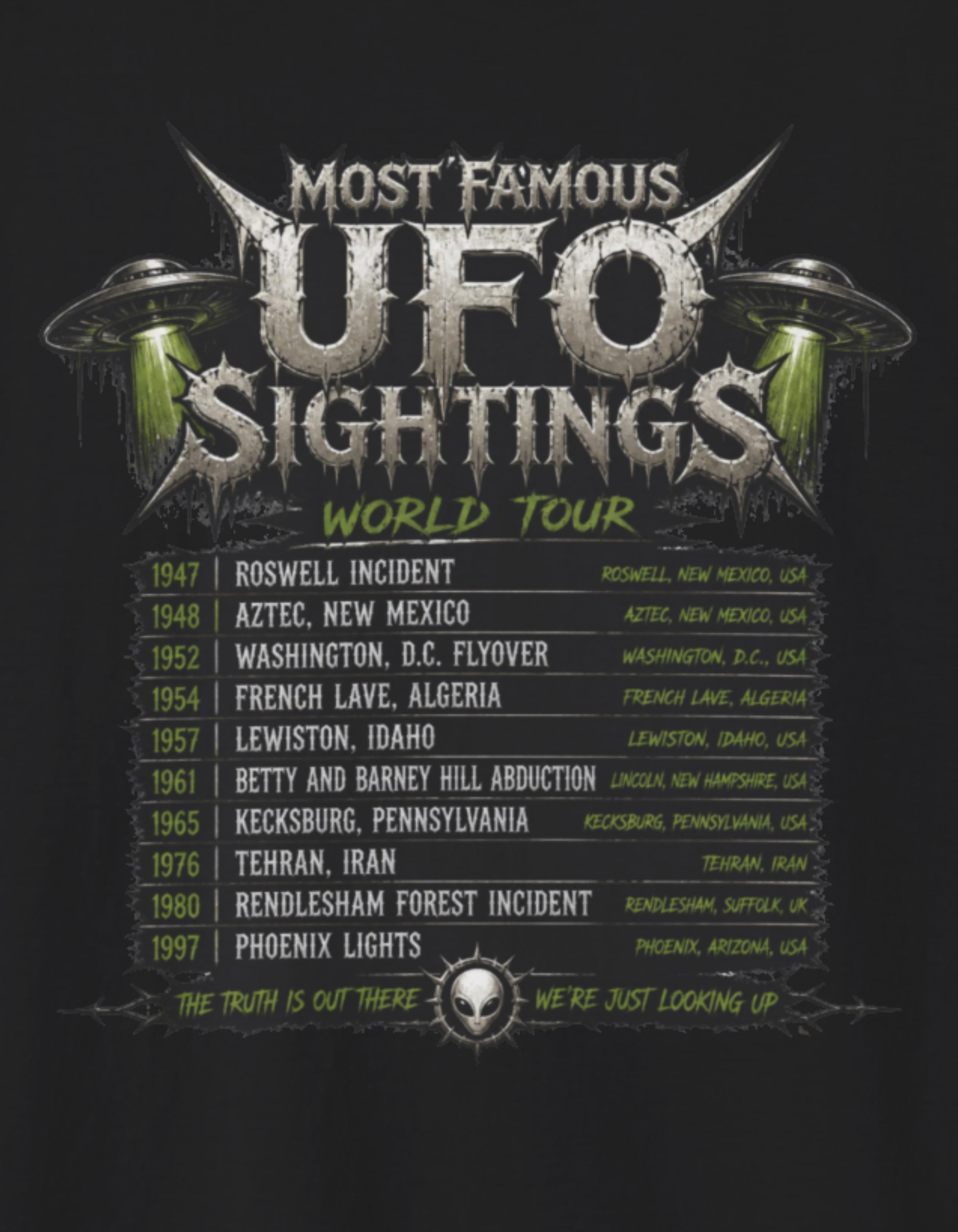 Black Metal Alien Abduction Graphic T-Shirt — Neon Green UFO Band Tee