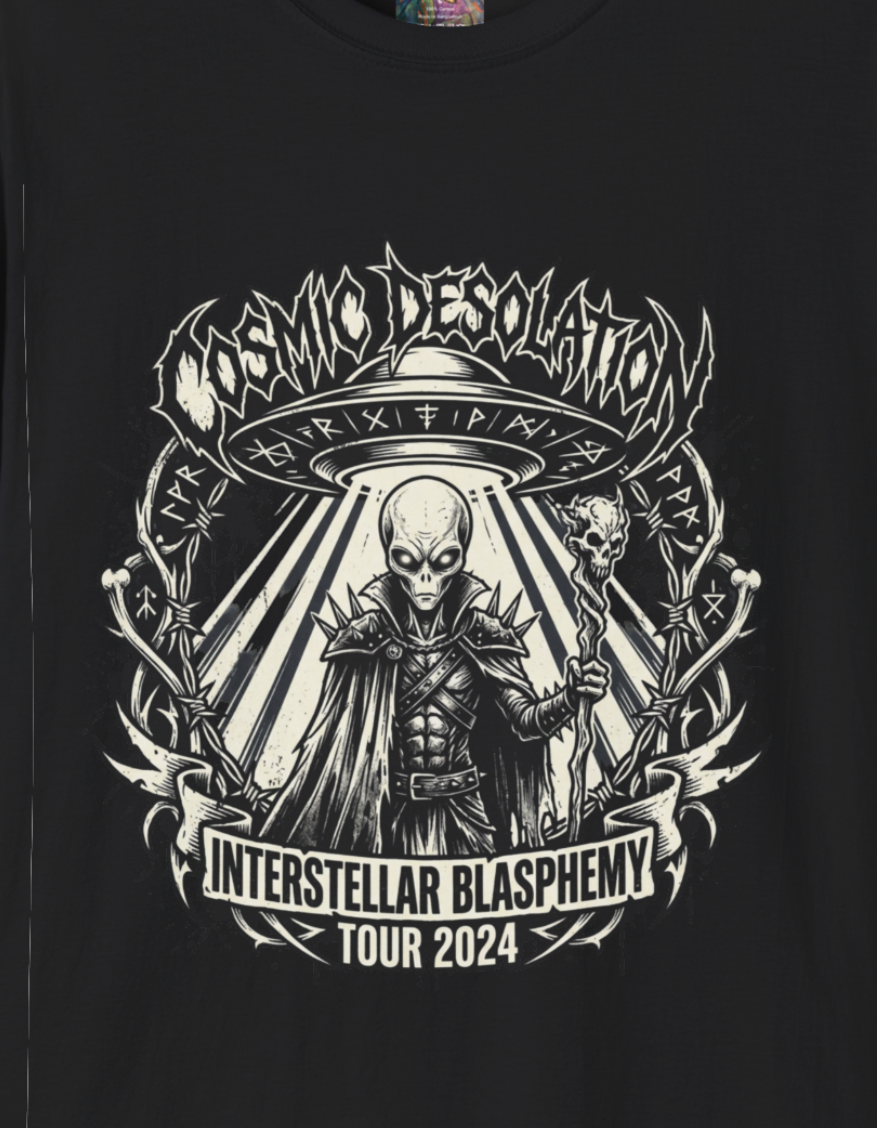 Black Metal Alien Abduction Graphic T-Shirt — Neon Green UFO Band Tee