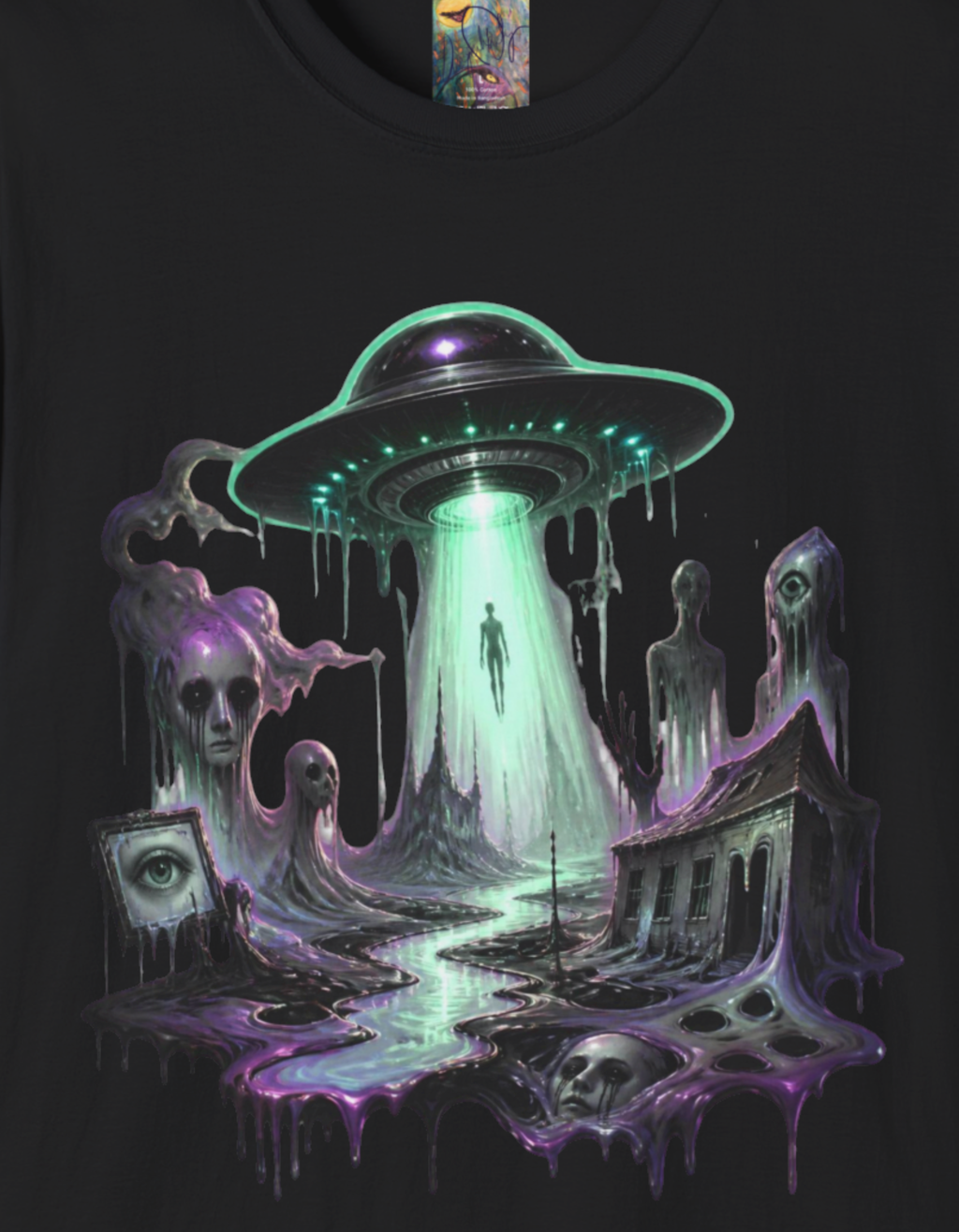 Alien Abduction Weirdcore T-Shirt — Neon UFO Beaming Up Silhouettes