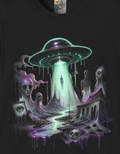 Alien Abduction Weirdcore T-Shirt — Neon UFO Beaming Up Silhouettes