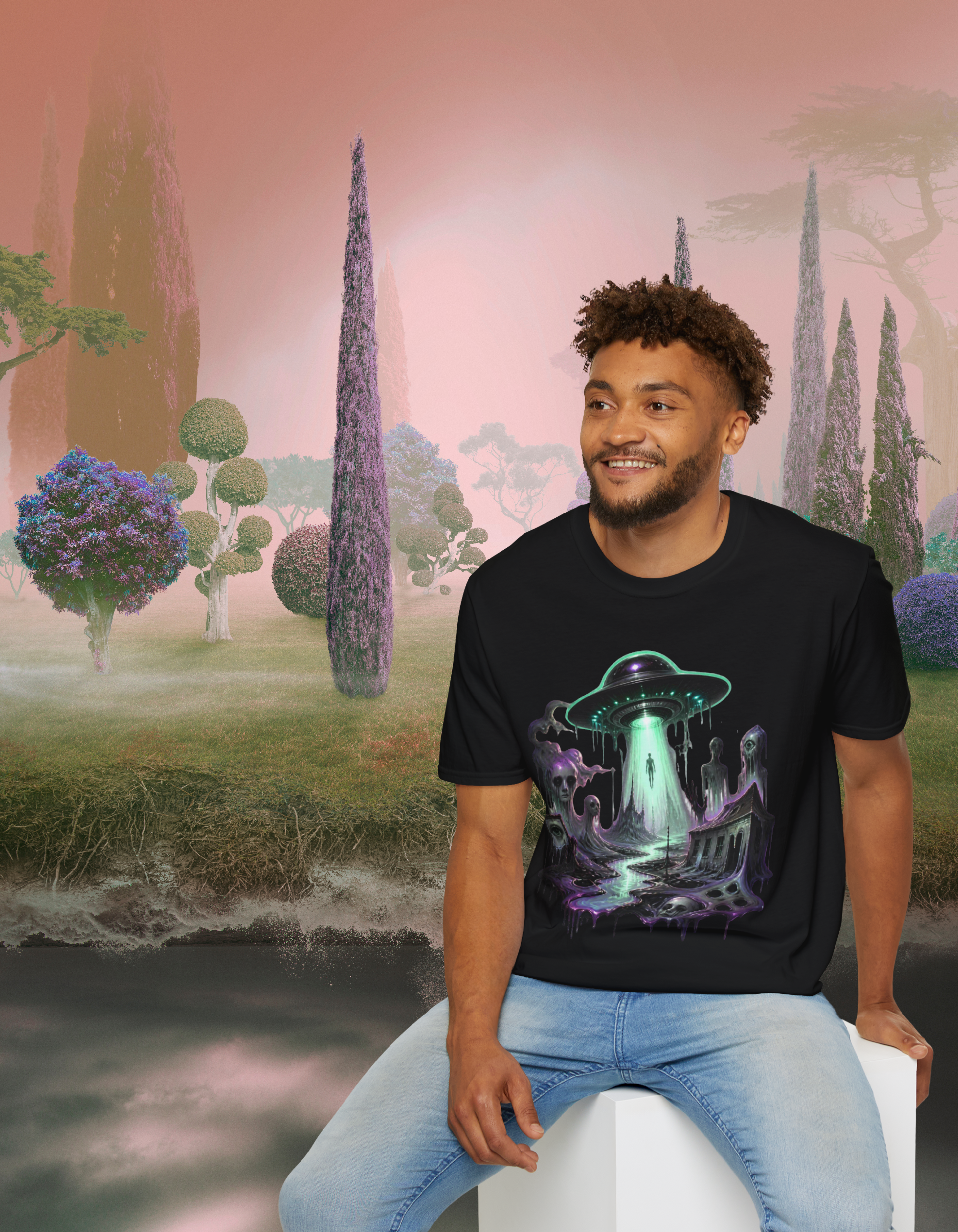 Alien Abduction Weirdcore T-Shirt — Neon UFO Beaming Up Silhouettes