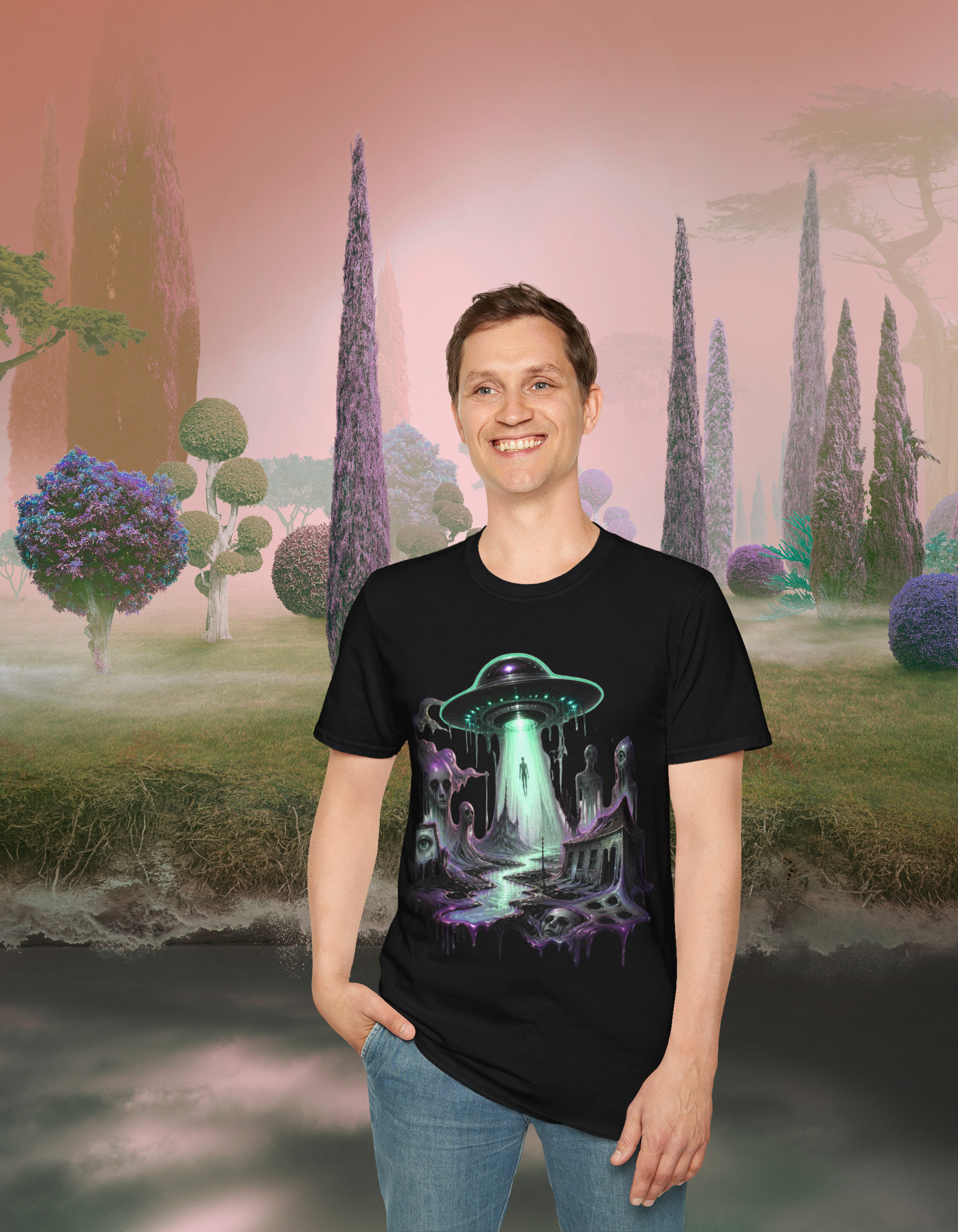 Alien Abduction Weirdcore T-Shirt — Neon UFO Beaming Up Silhouettes