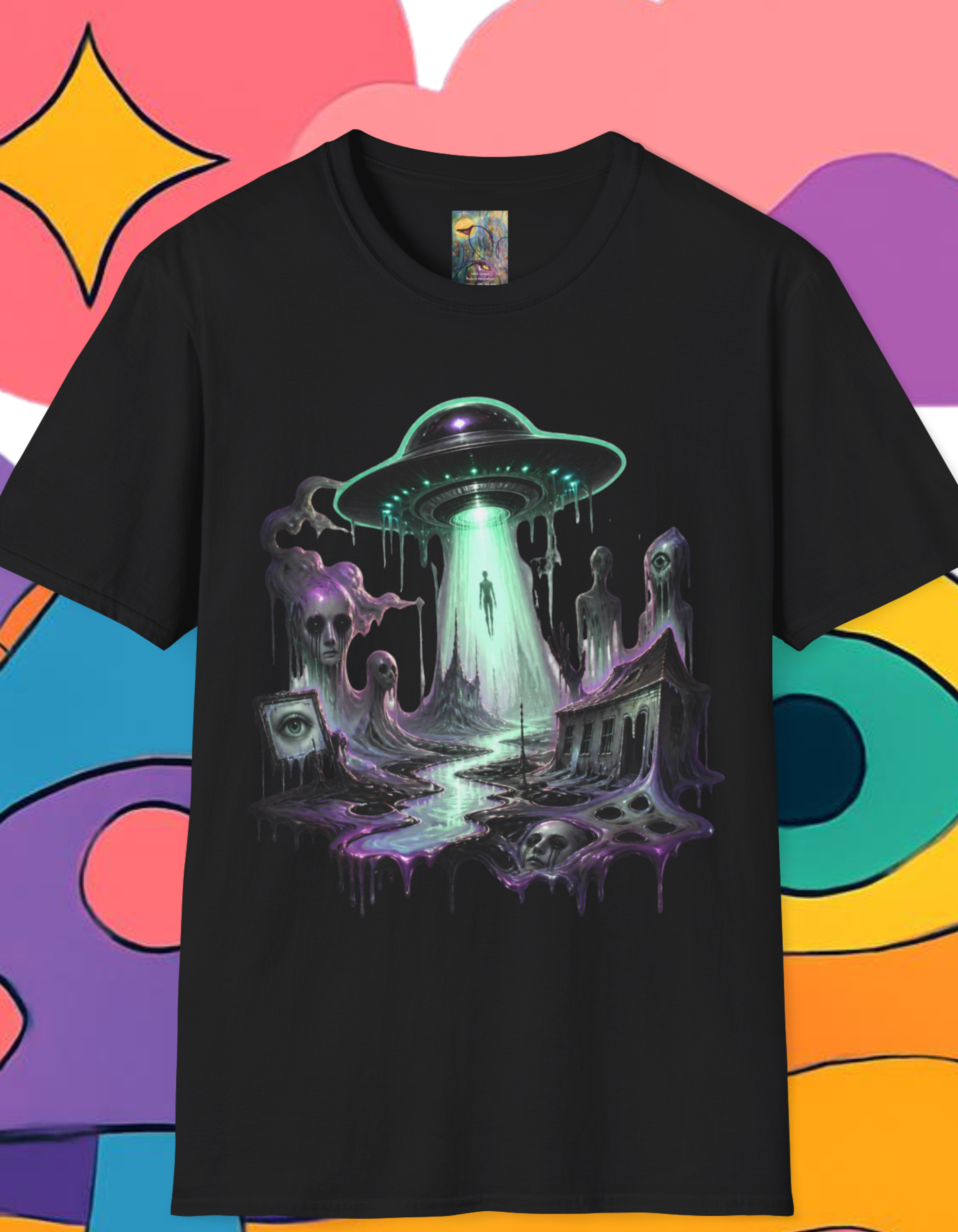 Alien Abduction Weirdcore T-Shirt — Neon UFO Beaming Up Silhouettes